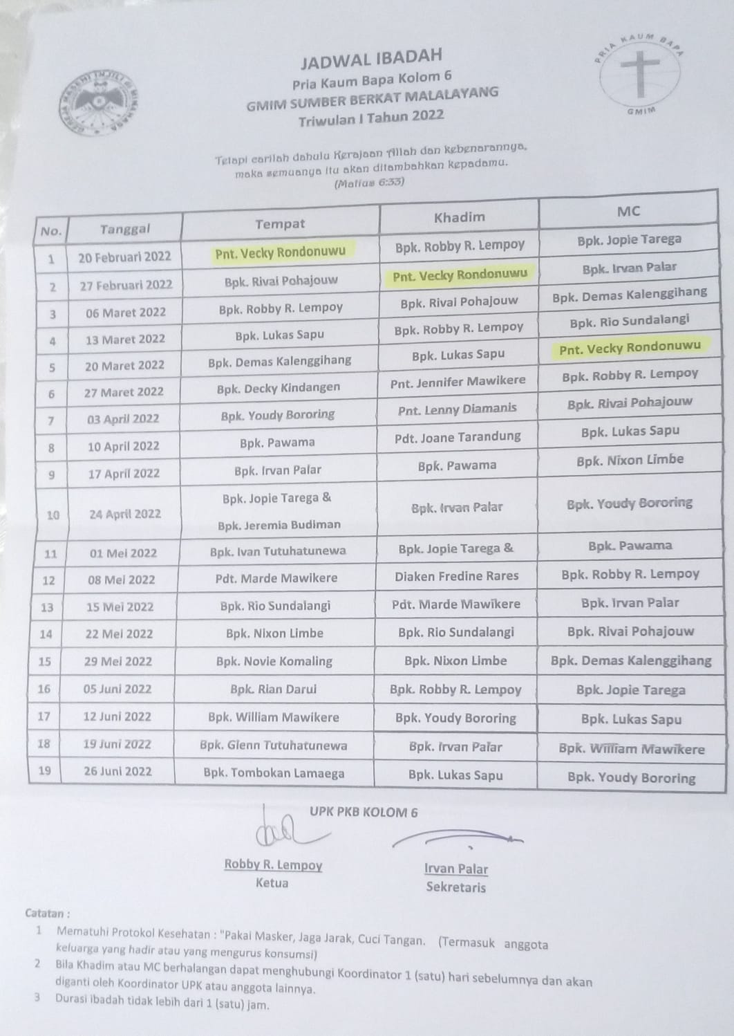 Jadwal Ibadah P/KB Kolom 6