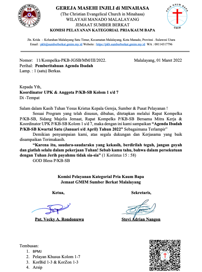 Surat Pemberitahuan Agenda Ibadah P/KB SB Januari - April 2022