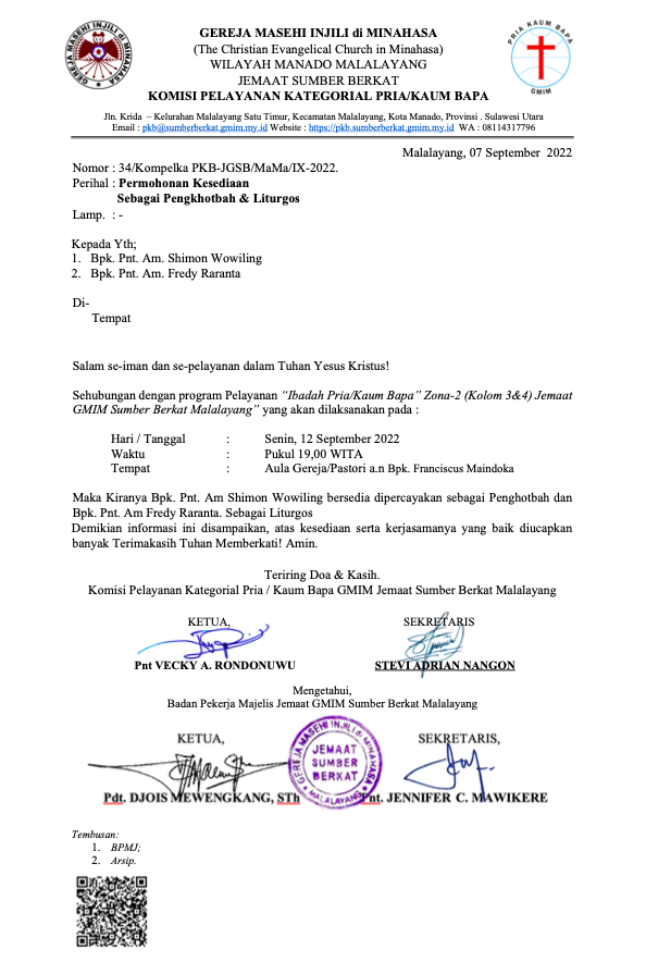 Undangan Pengkhotbah dan Liturgos Ibadah P/KB SB Zona 2 12/09/22