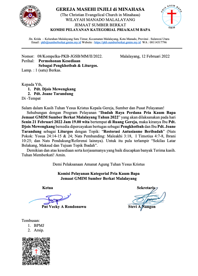 Surat Permohonan Kesediaan Sebagai Pengkhotbah & Liturgos Ibadah Raya Perdana 2022 P/KG SB