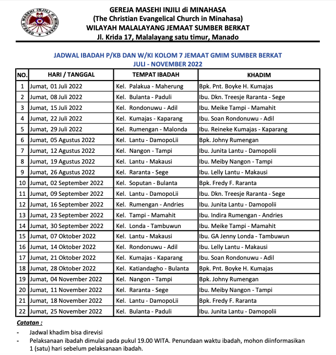 Jadwal  Ibadah P/KB dan W/KI Kolom 7 GMIM Sumber Berkat  Malalayang (Juli-Nov 2022)