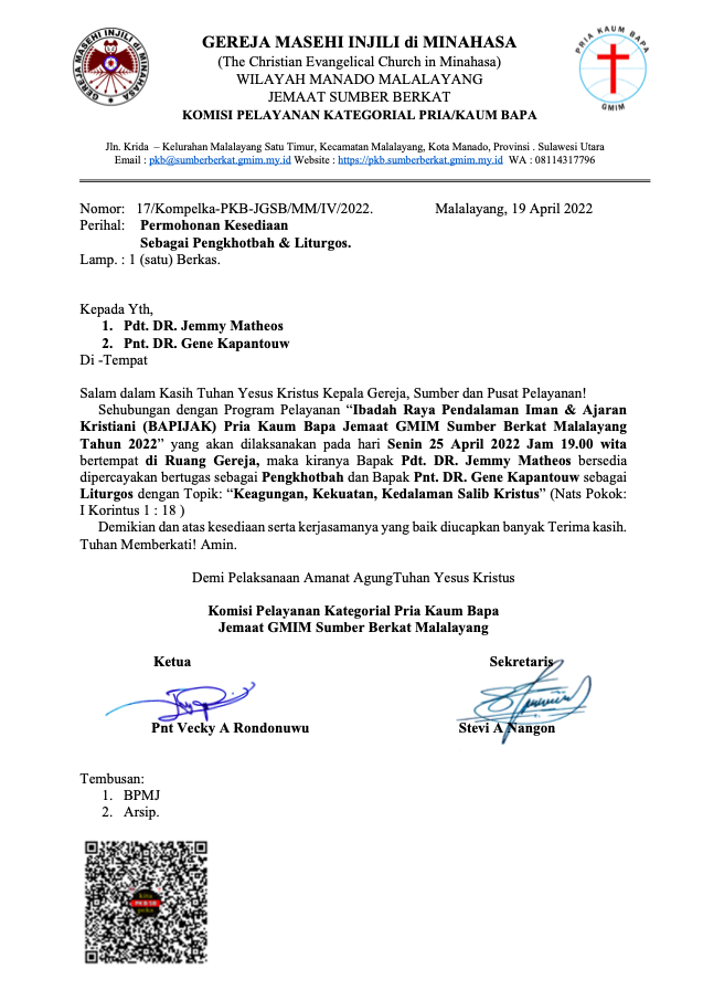 Undangan Pengkhotbah dan Liturgos Ibadah BAPIJAK 1