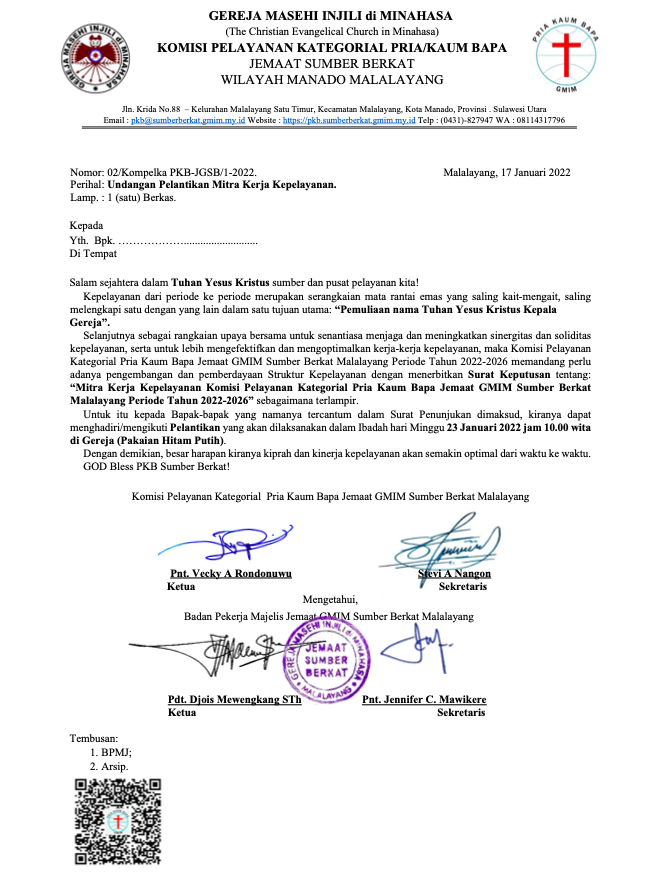 Undangan Pelantikan Mitra Kerja Kepelayanan